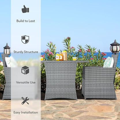 DORTALA Wicker Outdoor Bistro Set 3 Piece, Patio Furniture Set for Small Space with Table & Dining Chairs, Rattan Conversation Sofa Set for Balcony, Porch, Backyard, Deck, Grey