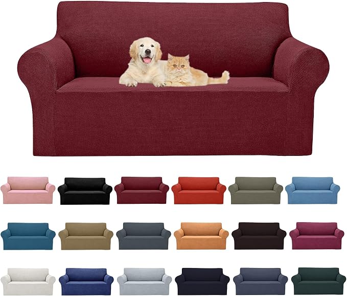 Cupuamon 2026 New Stretch Loveseat Sofa Slipcovers Couch Cover for 2 Cushion Furniture Protector Sofa Covers with Elastic Bottom Jacquard Fabric Small Checks for Pets, Kids - Dark Red