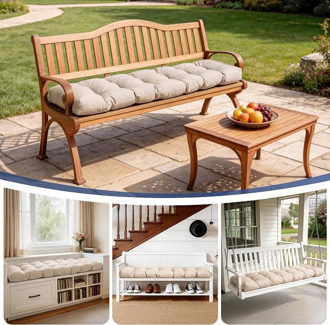 IASEAHK Outdoor Bench Cushion 59x18x5 Inch, Waterproof & Fade-Resistant Patio Furniture Cushions, Tufted Memory Foam Indoor/Outdoor Cushions for Couch Porch Swing with Non-Slip Backing & Straps, Beige