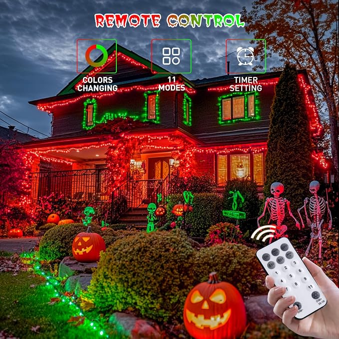 JMEXSUSS 173ft 500 LED Red and Green Color Changing Halloween Lights | Remote Control Halloween String Lights, 11 Modes Christmas Tree Lights Plug in for Indoor Party Halloween Christmas Decor