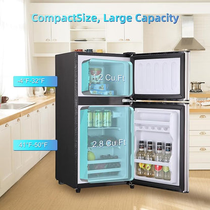 Mini Fridge with Freezer 4.0 Cu.Ft. Double-Door Mini Refrigerator Low Noise | 7-Level Adjustable Thermostat & Adjustable Glass Shelves, Compact Dorm Fridge 37 dB Low Noise for Bedroom, Apartment, Silver