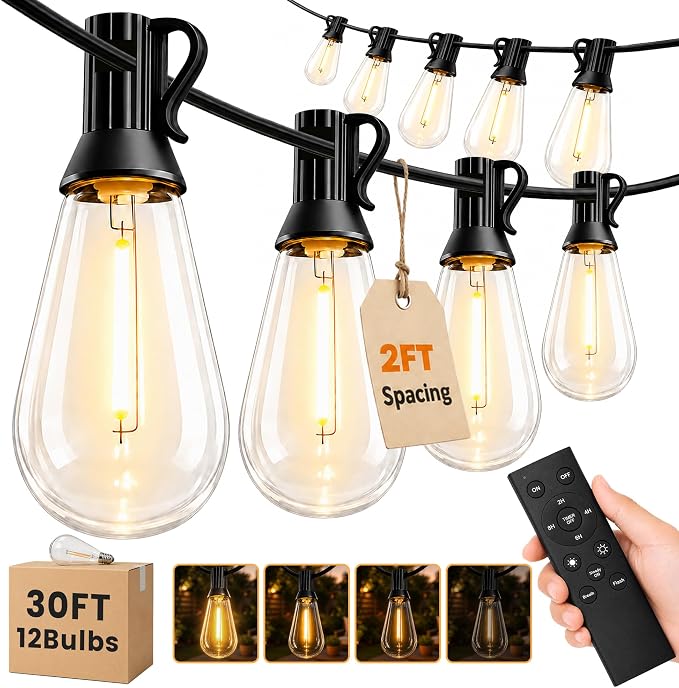 60FT(50+10) Outdoor LED String Lights with 2FT Bulb Spacing, Waterproof, Shatterproof, Dimmable, Warm White, 3 Lighting Modes, Timer, Plug in Hanging Backyard Lights for Outside, Patio
