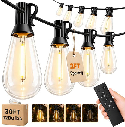 30FT(24+6) Outdoor LED String Lights with 2FT Bulb Spacing, Waterproof, Shatterproof, Dimmable, Warm White, 3 Lighting Modes, Timer, Plug in Hanging Backyard Lights for Outside, Patio