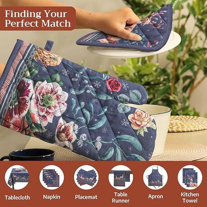 Maison d' Hermine Oven Gloves 100% Cotton Oven Mitt 7" x 13" with Loop Heat Resistant BBQ Cooking Gloves for Thanksgiving Christmas Decorations Baking Handling Hot Pans (Pack of 1, Christmas Joy)