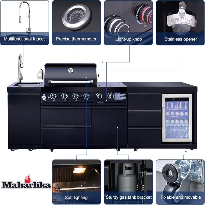 MAHARLIKA Modular Black Outdoor BBQ Kitchen island, 304 Stainless Steel Freestanding Propane Grill with Sink, Prep Counter & Built-in Drink Cooler for Patio Backyard Entertaining