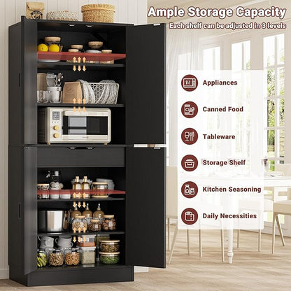 Unikito 71" Tall Kitchen Pantry Cabinet with Farmhouse Barn Doors and Storage Drawer, 4 Adjustable Shelves, Freestanding Cupboard for Kitchen, Dining Room, Living Room, Utility Room, Black