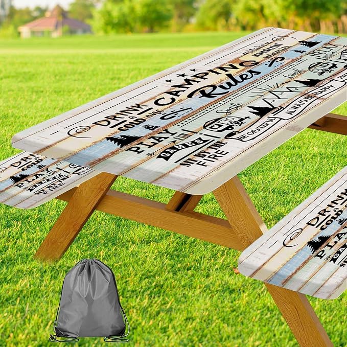 JAWO Wooden Plank Camping Camper Picnic Table Cover with Bench Covers, Camper RV Essentials Gear Supplies Outdoor Waterproof Windproof Tablecloth with Elastic, 30X60in