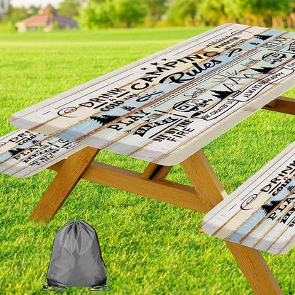 JAWO Wooden Plank Camping Camper Picnic Table Cover with Bench Covers, Camper RV Essentials Gear Supplies Outdoor Waterproof Windproof Tablecloth with Elastic, 30X60in