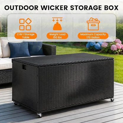 Outdoor 170 Gallon Water-Resistant Wicker Storage Box with Wheels, PE Rattan Deck Box with Waterproof Liner for Outside, Patio Storage Container with Hinged Lid, Horizontal Bin, Black