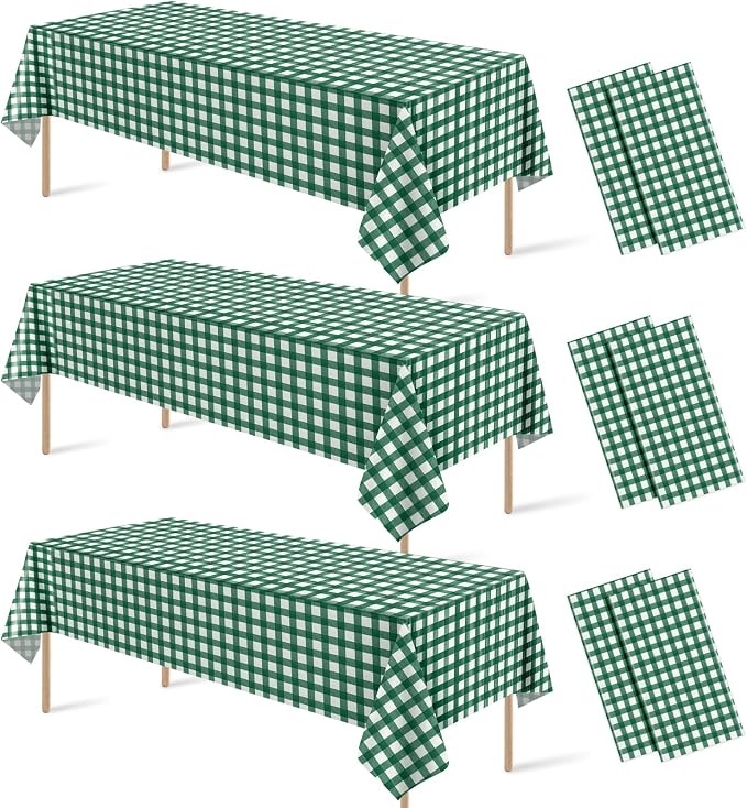 6Pcs Dark Green Gingham Tablecloths, Checkered Party Table Covers 54x108 In | Green and White Checkered Golf Tablecloths, Disposable Waterproof for Golf Camping Barbecue Birthday Party