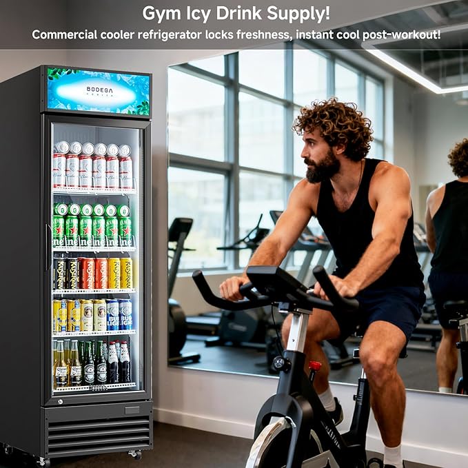 BODEGA COOLER 9 Cu. Ft Commercial Merchandiser Refrigerator with Glass Door & LED Light | Energy-Saving Beverage Display refrigerator, 32°F-50°F Temp, 4 Adjustable Shelves, Lock for Office/Bar/Kitchen
