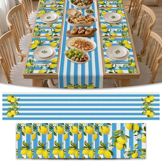 Nuxovilar Tablerunner and Placemats Set of 7 Blue-White Stripe Lemon Decor Linen Square Placemats for Dining Dining Sets and Accessories Summer Picnic, Outdoor BBQ, Breakfast Table
