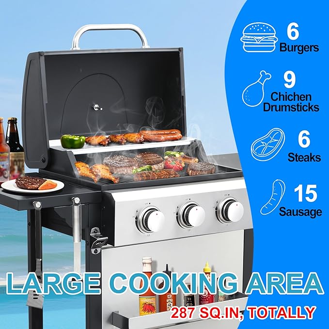 3 Burner Propane Gas Grill, Small Stainless Steel Portable BBQ Grill with Folding Side Table, Compact Gas Grill for Patio Balcony Camping, Easy Assembly with Wheels & Warming Rack