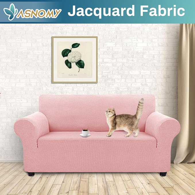Asnomy Stretch Couch Covers Washable,loveseat Cover Slipcovers,Pink | 1-Piece Sofa Cover(55"-78") loveseat cover Furniture Protector Soft Jacquard,Non-Slip Elastic Bottom for Dogs & Kids
