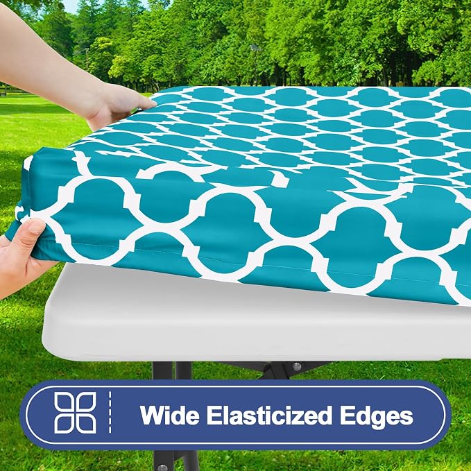 Smiry Picnic Table Cover with Bench Covers, Waterproof Elastic Fitted Tablecloth for 8 Foot Tables, Washable Polyester Tablecloths for Camping, Indoor & Outdoor (Aqua, 30x96 Inch 3-pc Set)
