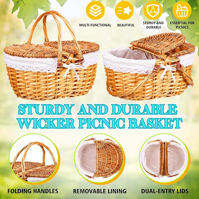 131 Pcs Picnic Kit Extra Large Outdoor Boho Blanket Wicker Picnic Basket Boho Tablecloth Table Runner 6 Throw Pillows Covers Gold Disposable Plates and Cutlery Set for Camp Wedding