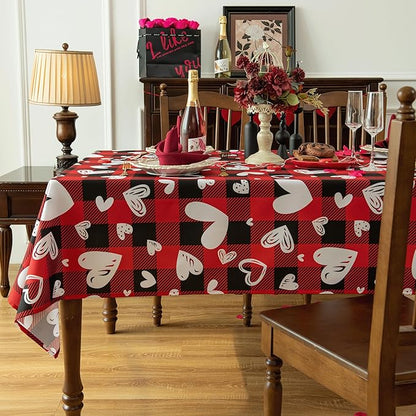 Waterproof Valentine's Day Tablecloth Fabric - Red Oblong 52x70 Inch Classic Buffalo Tartan Festive Table Cloth for Indoor Use - Gingham Table Cover for Dinner, and Parties