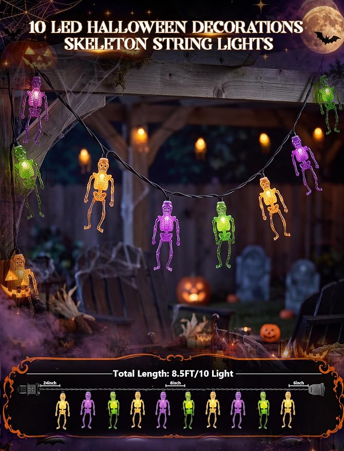 8.5Ft Halloween Skull String Lights, 10 LED Orange Green Purple Skeletons | Plug in, End-to-end Connectable, Weathproof & UL Listed, Hanging Halloween Ghost Decor for Indoor Outdoor Patio Porch Party