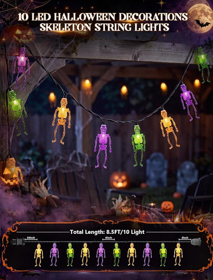8.5Ft Halloween Skull String Lights, 10 LED Orange Green Purple Skeletons | Plug in, End-to-end Connectable, Weathproof & UL Listed, Hanging Halloween Ghost Decor for Indoor Outdoor Patio Porch Party