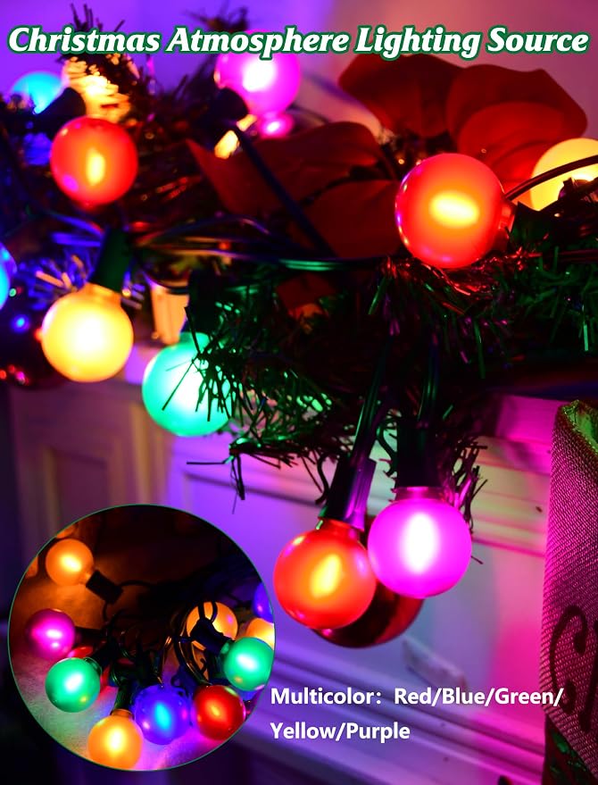 SUNSGNE G40 LED Vintage Christmas Lights, 50FT Christmas Globe String Lights with 27 LED Frosted Multicolor Bulbs(2 Spare) for Patio Backyard Roofline Decorations
