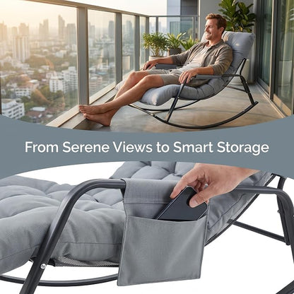 Rocking Papasan Chair, Leather Upholstered Lounge Chair, Gray | Extra-Wide Rocking Chair with Technical Leather Upholstery, Sturdy Frame and Smooth Glide for Indoor / Outdoor Scenes