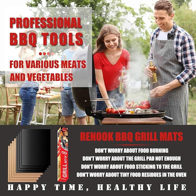 Grill Mats for Outdoor Grill, Set of 8 （4 Black+4 Copper）BBQ Grill Mat for Outdoor Gas Grill, Non-Stick Cooking Sheets, 15.75 X 13 Inch