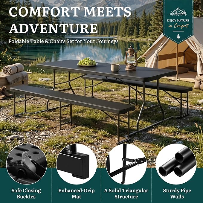 YITAHOME 6ft Outdoor Picnic Table with Wood-Like Tabletop, Sturdy Steel Frame and Umbrella Opening, Heavy Duty Picnic Table Ideal for Yard, Patio, Lawn Gatherings, Black