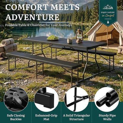 YITAHOME 6ft Folding Picnic Table with Benches | Heavy Duty 6 ft Picnic Tables for Outdoors, Portable Outdoor Table with Center Lock & Non-Slip Feet for Backyard, Camping
