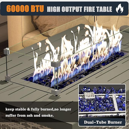44 Inch Propane Gas Fire Pits Table for Outside Patio, 60000 BTU Rectangular Outdoor Wicker Rattan Fire Pit with Glass Wind Guard