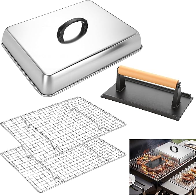 14 Inch Large Melting Dome and Grill Press Kit, 4 Pcs Griddle Accessories Set, Stainless Steel Cheese Basting Cover, Burger Bacon Press, 2 Cooling Racks for Flat Top Grill Indoor Outdoor