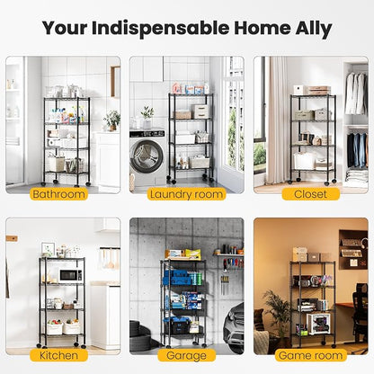 DUMOS 4-Tier Metal Storage Shelves, Wire Shelving, 23.2" W | Lockable Wheels, Adjustable Standing, Heavy Duty Steel Unit, Kitchen Bathroom Pantry Garage Organizers, 47.1"H