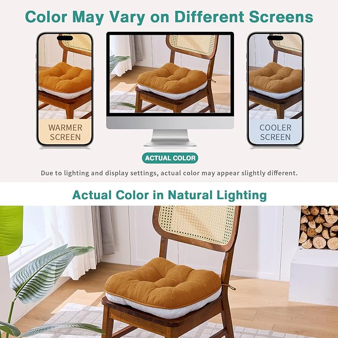 BETU Chair Cushions for Dining Chairs Set of 6,3.5" Thick Kitchen Table Chair Pads with Ties,Non Slip Backing and Covers, Seat Cushion for Dining Room,Bar,Patio Chairs,15.5"X15.5"X3.5",Caramel