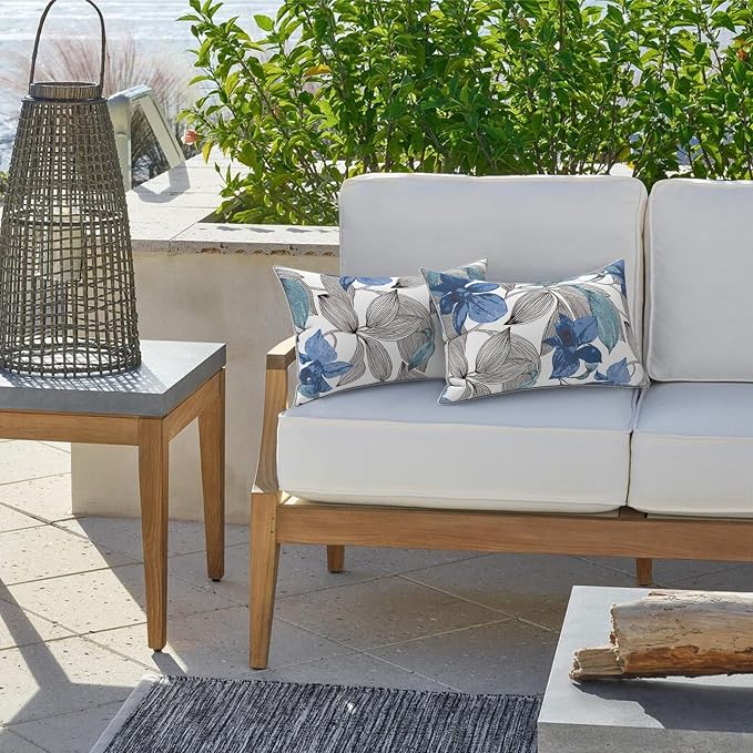 LVTXIII 2 Pack Outdoor Lumbar Pillow Covers 12x20 Inch with Piping, Water-Repellent Back Cushion Covers ONLY for Patio Furniture, Sofa, Garden Bench, Clemens Noir Blue