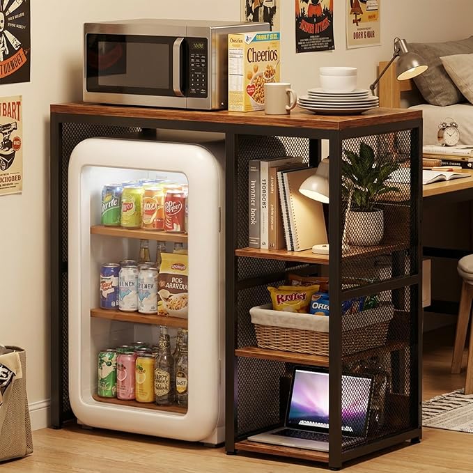 Homieasy Mini Fridge Cabinet with Power Outlet, Coffee Bar Cabinet with Mini Fridge Space, Industrial Liquor Cabinet with Wine Storage & Glass Holder for Dorm, Living Room, Home Kitchen, Rustic Brown