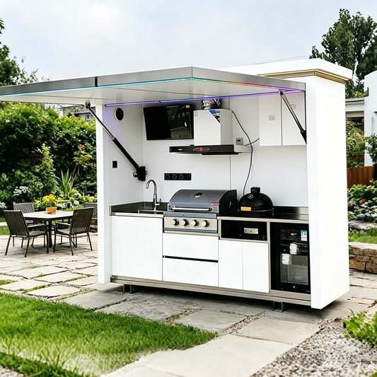 Luxury Prefab Outdoor Kitchen Kits with Roof, Modular Outdoor Kitchen Pod with Grill, Sink, Storage Cabinet, Burners, Refrigerator, Patio and Backyard Cooking Station