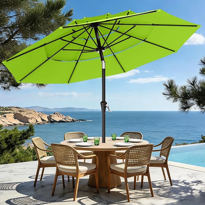 AreShark 9ft 3-Tier Patio Umbrellas, Outdoor Umbrella with 8 Sturdy Ribs UV Protection Windproof, Market Table Umbrella w/Push Button Tilt & Crank for Pool, Porch, Deck, Garden(Apple Green)