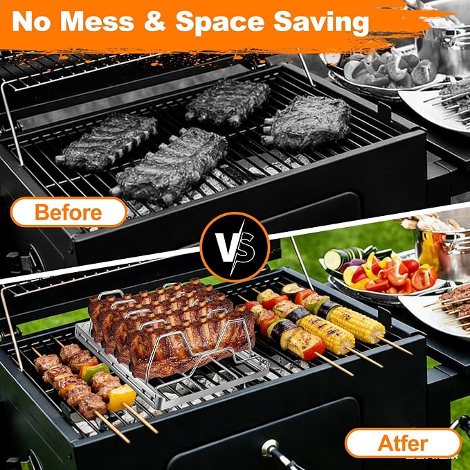 Rib Rack for Smoking and Grilling, Smoking-holds Up to 4 Full Racks of Ribs for Standing Rib Roast, Stainless Steel Meat Resting Rack for Outdoor Grill Camping Picnics Barbecue Grills and Smokers