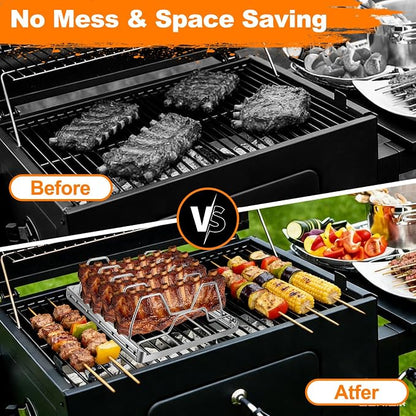 Rib Rack for Smoking and Grilling, Smoking-holds Up to 4 Full Racks of Ribs for Standing Rib Roast, Stainless Steel Meat Resting Rack for Outdoor Grill Camping Picnics Barbecue Grills and Smokers
