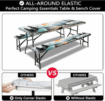 Picnic Table Cover with Bench Covers and Bag, Wooden Camper Waterproof Windproof, Fitted Tablecloth Cover with Elastic Edge, for Indoor & Outdoor, Garden, Camping, 3 Pieces Set, 30x60 Inch