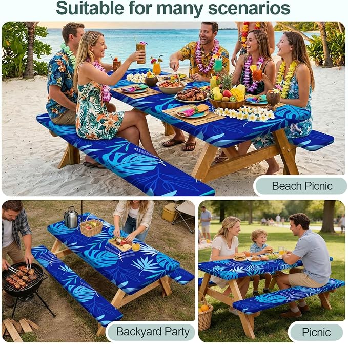Picnic Table Cover Bench Covers Camping Essentials Tablecloth | Waterproof Vinyl for Outdoor, Windproof Elastic Fitted Edges, RV BBQ Accessories Must Haves, Storage Bag Included