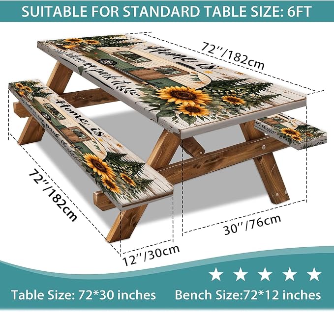 Picnic Table Cover with Bench Covers, Camping Essentials, RV Forest Sunflower Wooden Tablecloth Waterproof Windproof Elastic Fitted Tablecloths for 6ft Rectangle Tables Indoor & Outdoor 3 PCS 30x72 IN