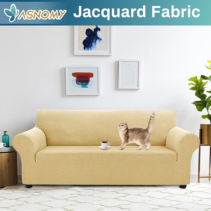 Asnomy Stretch Couch Covers for Sofa Washable, 3 Cushion Couch,Champagne | 1-Piece Sofa Covers(78"-94") 3-Seater Furniture Protector Soft Jacquard,Non-Slip Elastic Bottom For Dogs & Kids