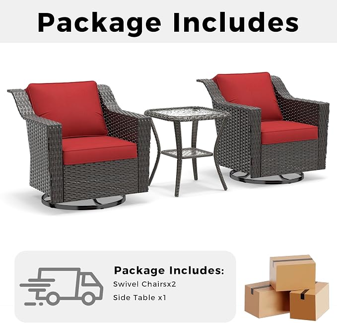 3 Pieces Patio Conversation Furniture Set - 2 Swivel Chairs, 1 Side Table, Outdoor Wicker Rocking Glider Armchairs with Washable and Water-Resistant Cushions for Porch, Balcony (Red)