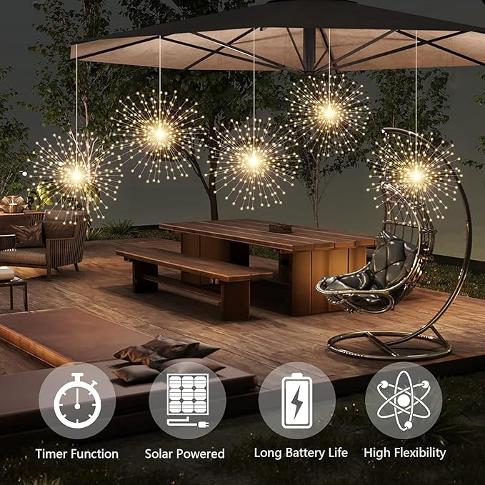 4 Pack 800 LED Solar Starburst Sphere Lights,Firework Light Remote Control Timer 8 Modes Dimmable, Waterproof Hanging Sparkly Fairy Light for Patio Party Tent Halloween Christmas Decor (Warm White)