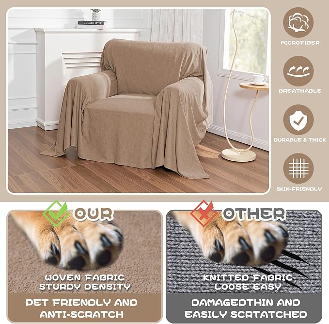 MYSKY HOME Armchair Couch Cover, Sofa Covers Washable Couch Covers for Dogs Sofa Cover Sofa Slipcovers Non Slip Furniture Protector Cover, Soft Thick Sofa Throws, 71" x 91", Khaki