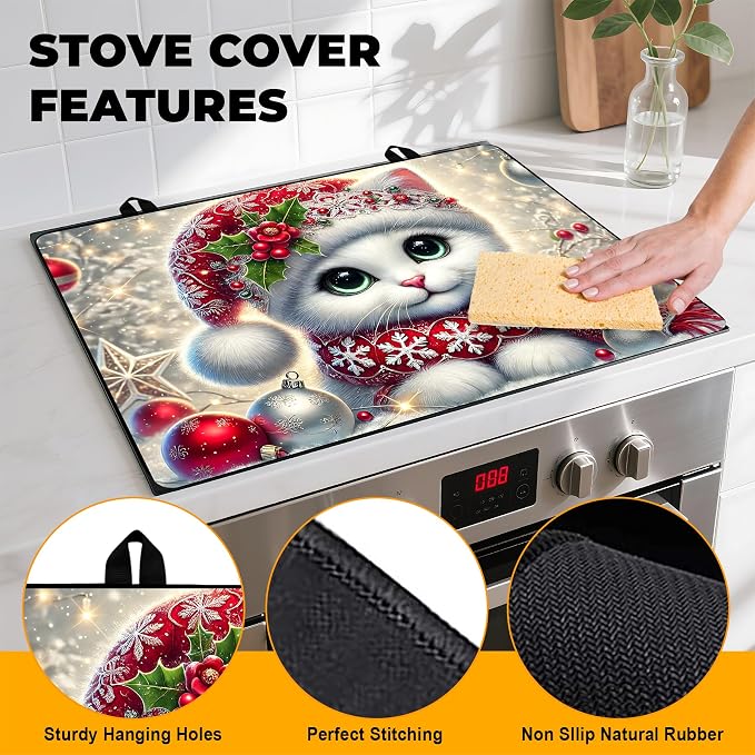 Christmas Stove Top Cover Snowman Stove Top Cover for Home Decoration Kitchen Pad Non-Stick Washable Cooktop Covers Countertop Protector Keep Stove Clean 28"x20" (Cat)
