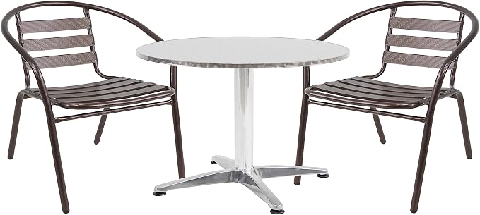 Indoor Outdoor 23.75" Restaurant Stainless Steel Aluminum Metal Slat Stack Commercial Lightweight, 2 Chairs with a Round Table, Silver/Bronze