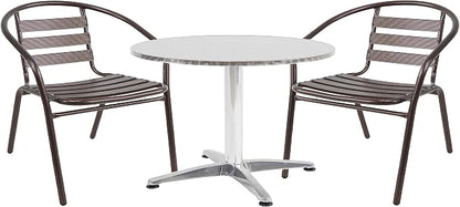 Indoor Outdoor 23.75" Restaurant Stainless Steel Aluminum Metal Slat Stack Commercial Lightweight, 2 Chairs with a Round Table, Silver/Bronze