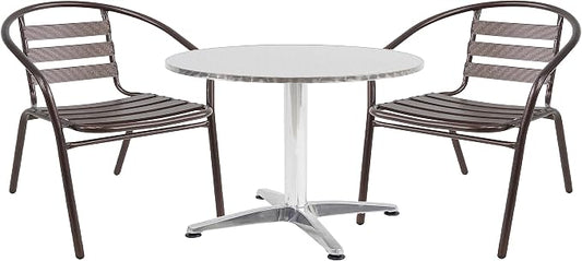 Indoor Outdoor 23.75" Restaurant Stainless Steel Aluminum Metal Slat Stack Commercial Lightweight, 2 Chairs with a Round Table, Silver/Bronze