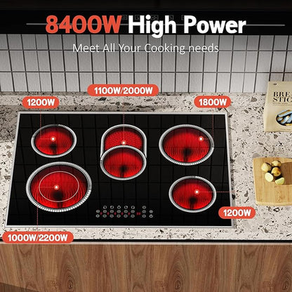 30 Inch Electric Cooktop, 5 Burner Electric Stove Top Touch Control, 8400W Built-in Ceramic Stovetop Burner 30" with Expandable Zone, Child Lock, Timer, Overheat Alert, 220-240v Hardwired